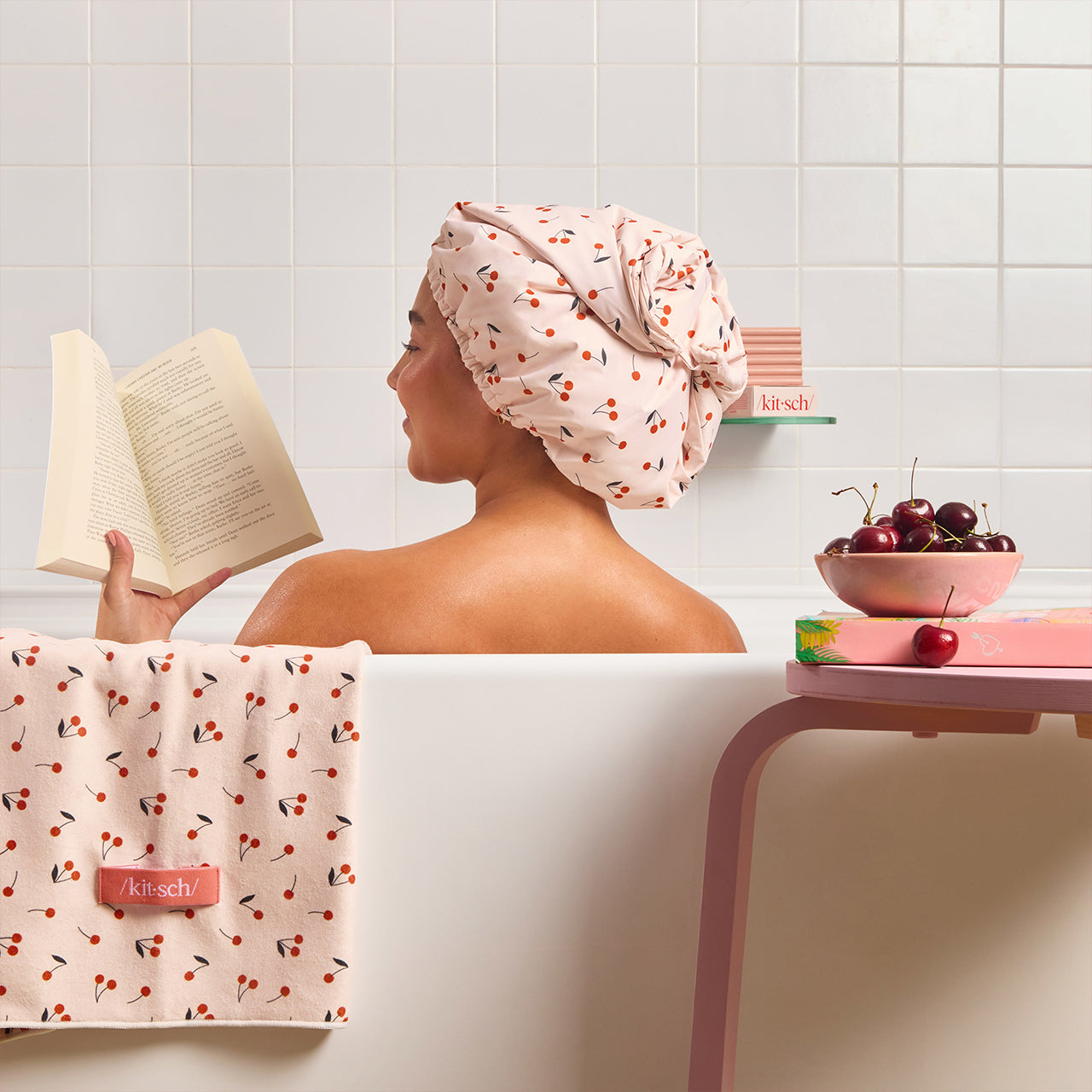 Cherry Print Satin Shower Cap - Image 3